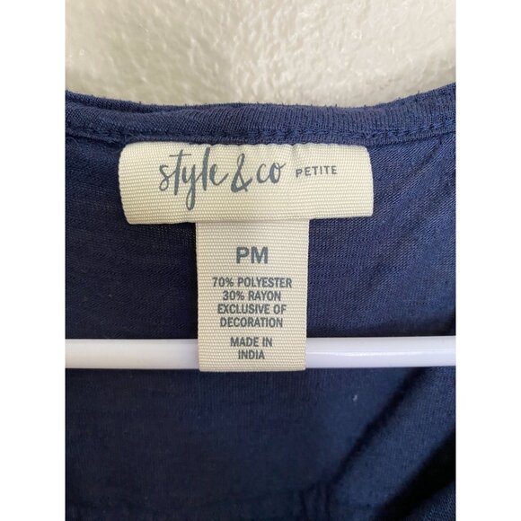 Style & Co Petite Navy Sleeveless Top PM Embroidered polyester pullover v-neck - Picture 3 of 6